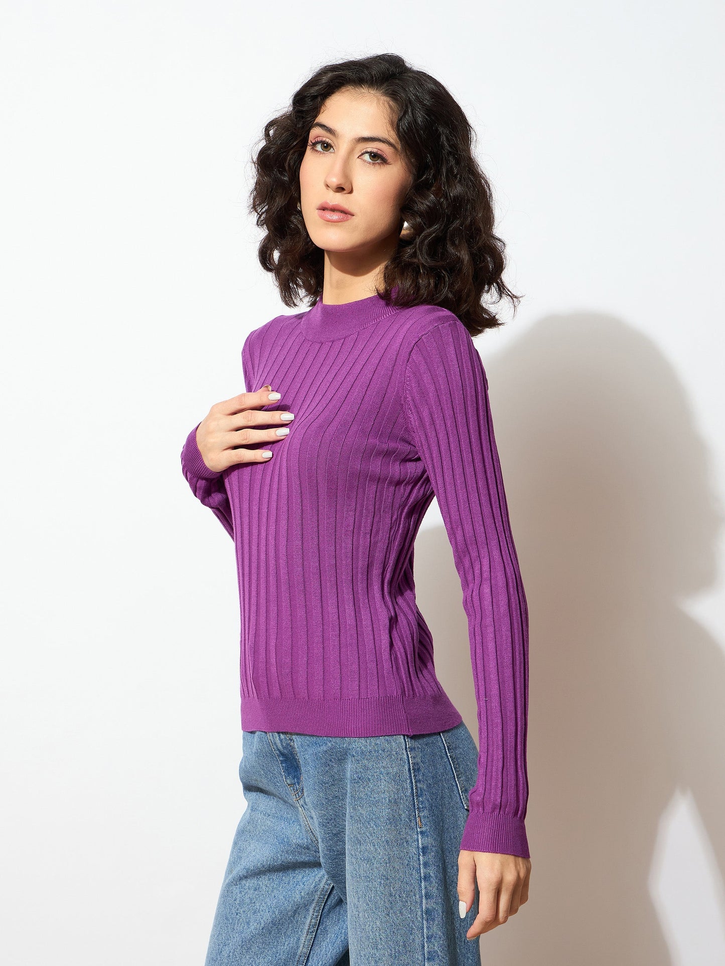 Women Purple Rib Full Sleeves High Neck Sweater