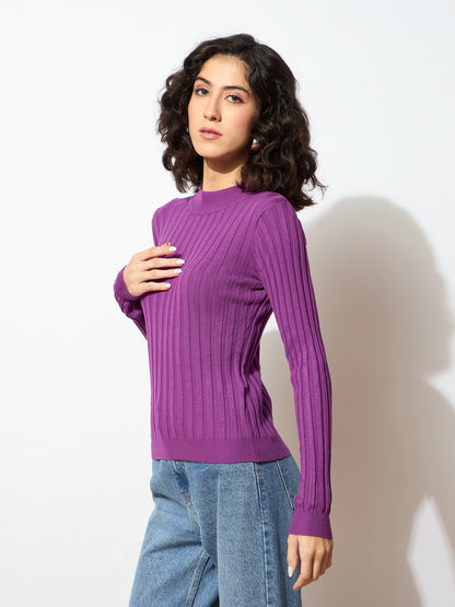 Women Purple Rib Full Sleeves High Neck Sweater