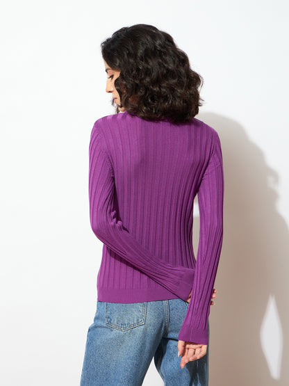 Women Purple Rib Full Sleeves High Neck Sweater