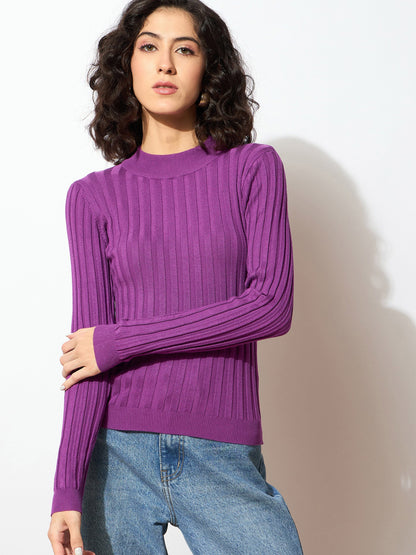 Women Purple Rib Full Sleeves High Neck Sweater
