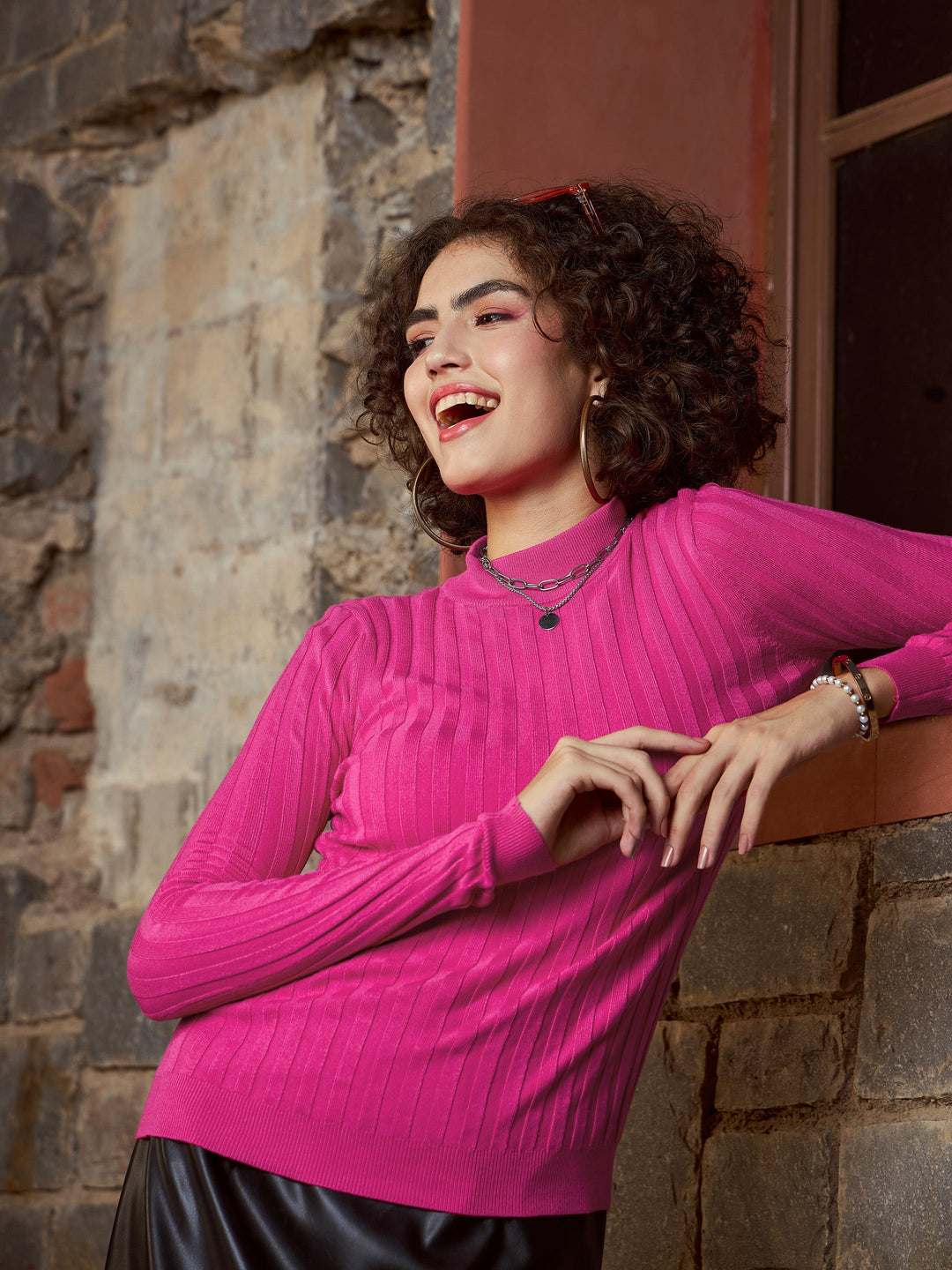 Women's Women Pink Rib Full Sleeves High Neck Sweater in Nylon by Sassafras for wholesale, bulk, supplier, manufacturer and wholesaler buyers from Trendphoria