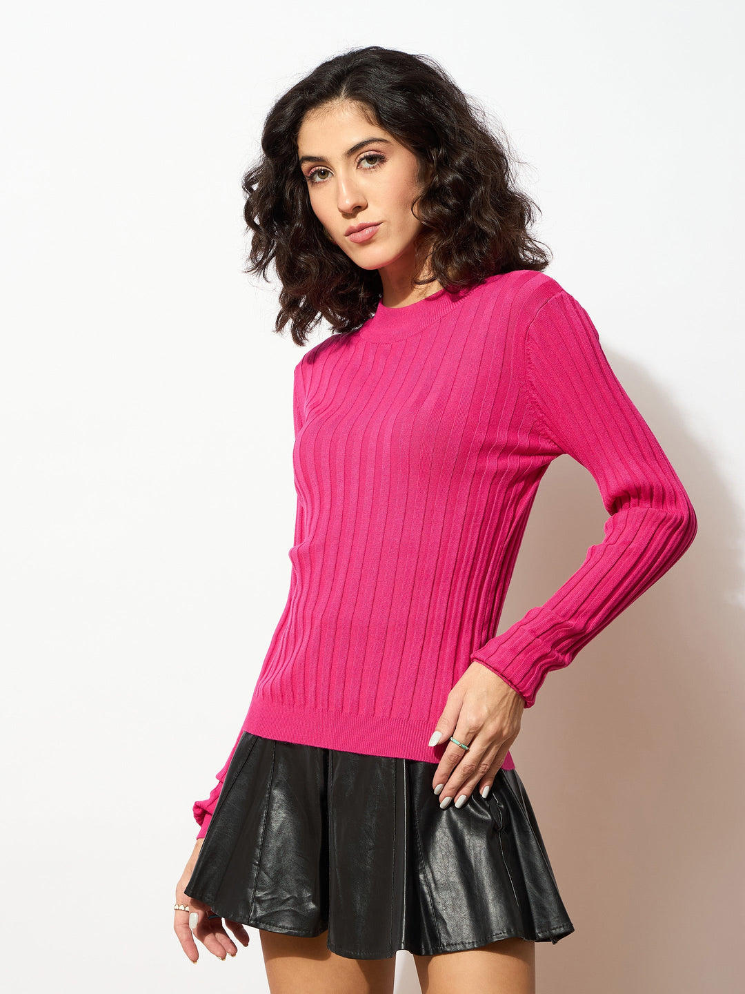 Women Pink Rib Full Sleeves High Neck Sweater