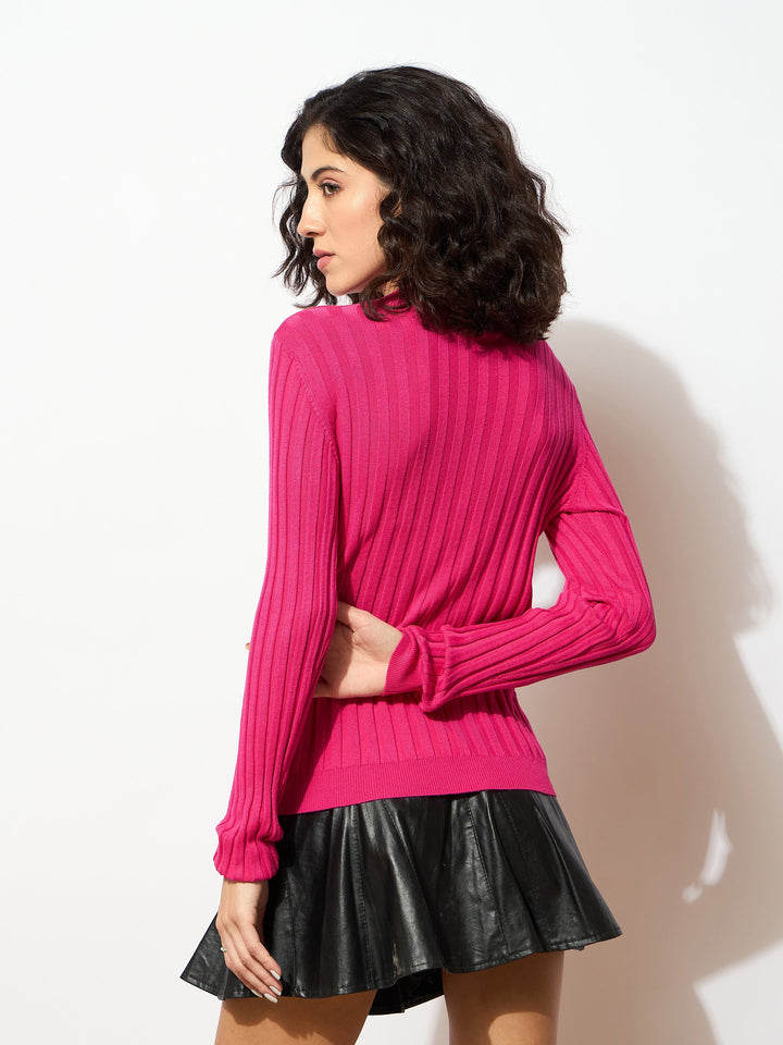 Women Pink Rib Full Sleeves High Neck Sweater