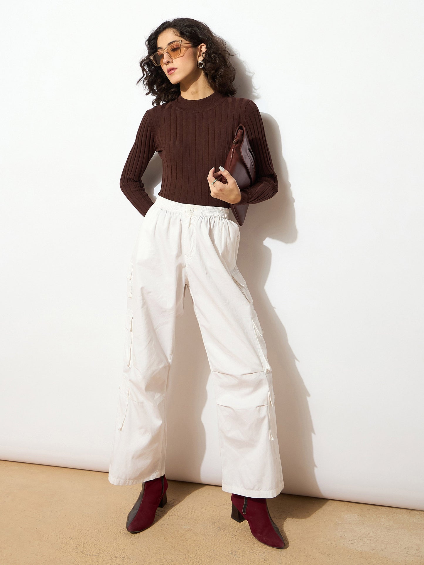 Women Brown Rib Full Sleeves High Neck Sweater