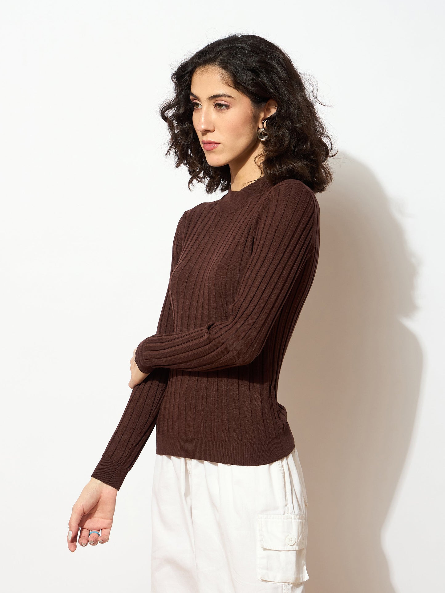 Women Brown Rib Full Sleeves High Neck Sweater
