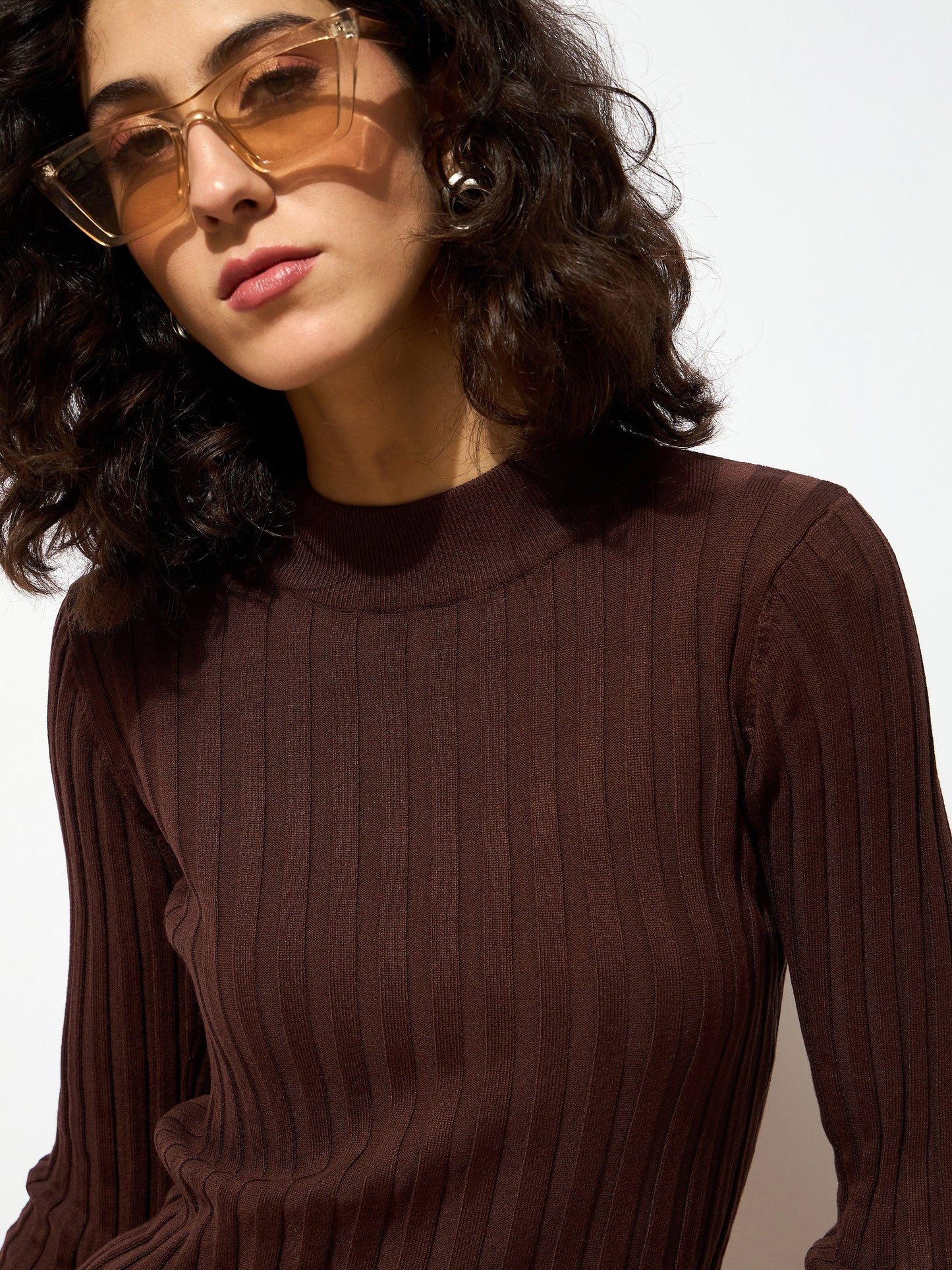 Women Brown Rib Full Sleeves High Neck Sweater