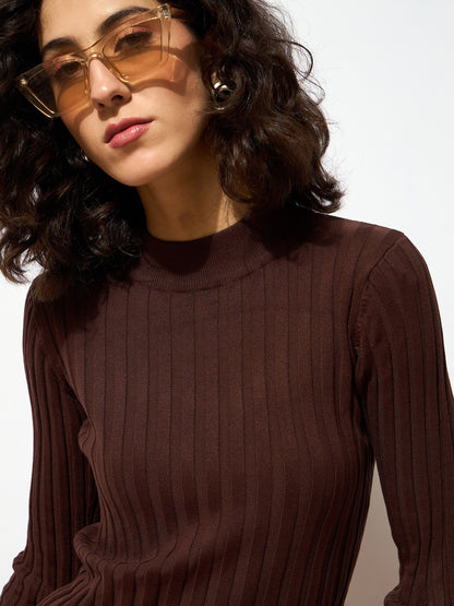 Women Brown Rib Full Sleeves High Neck Sweater