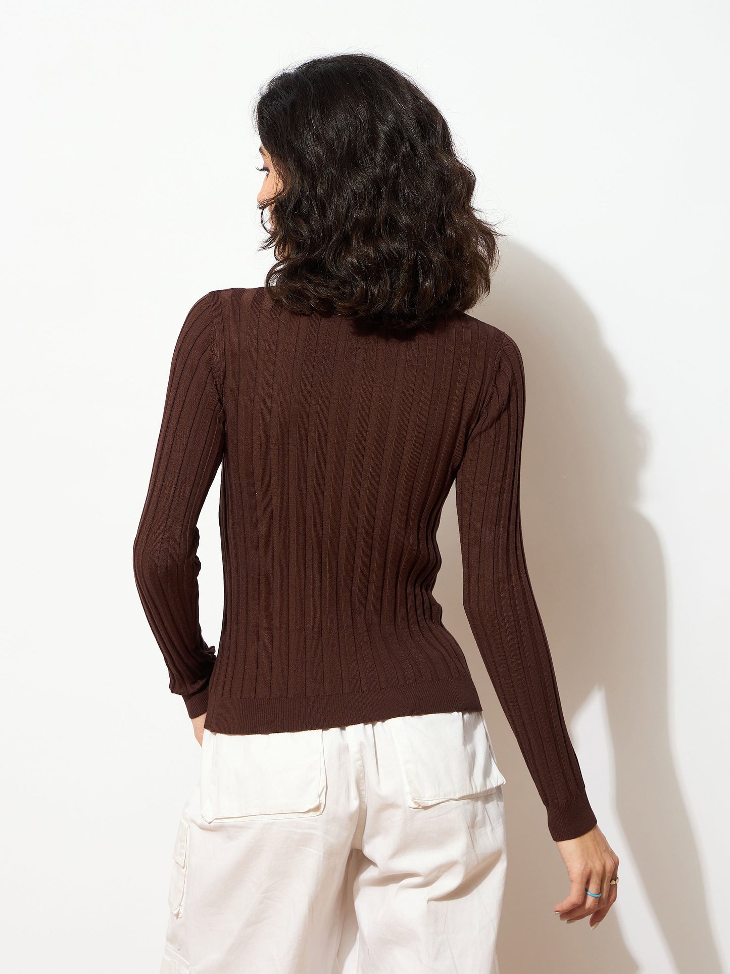 Women Brown Rib Full Sleeves High Neck Sweater