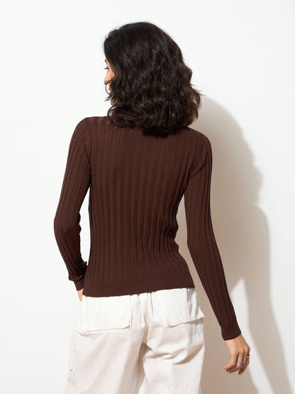 Women Brown Rib Full Sleeves High Neck Sweater