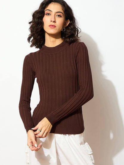 Women Brown Rib Full Sleeves High Neck Sweater
