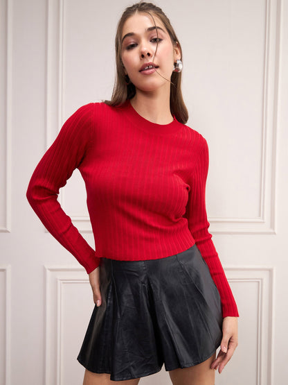 Women Red Rib Full Sleeves High Neck Sweater