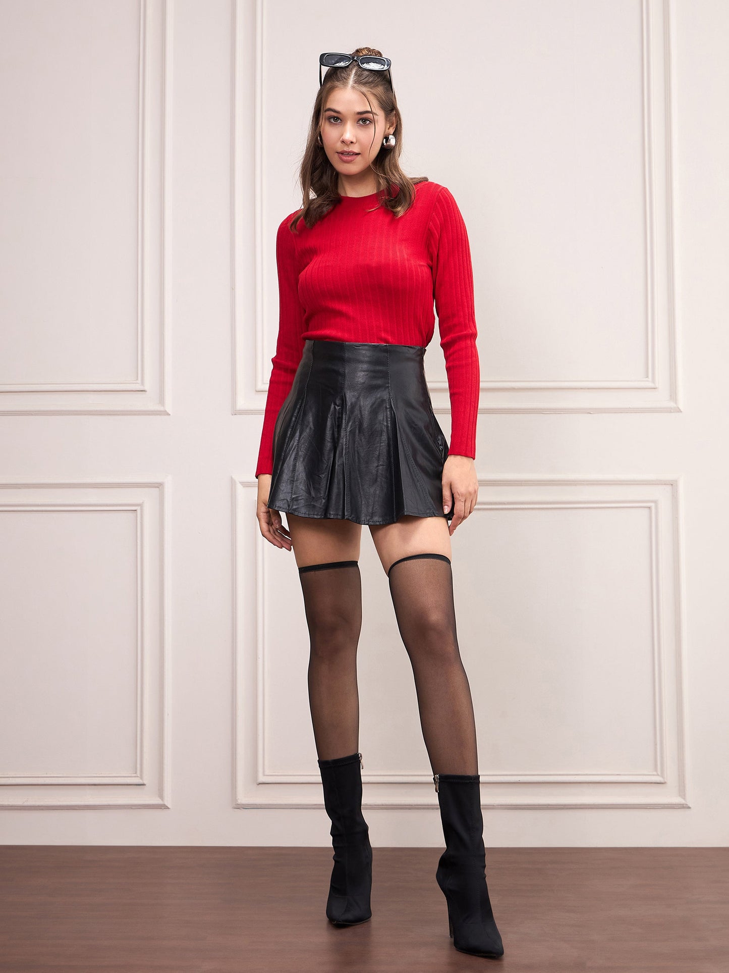 Women Red Rib Full Sleeves High Neck Sweater