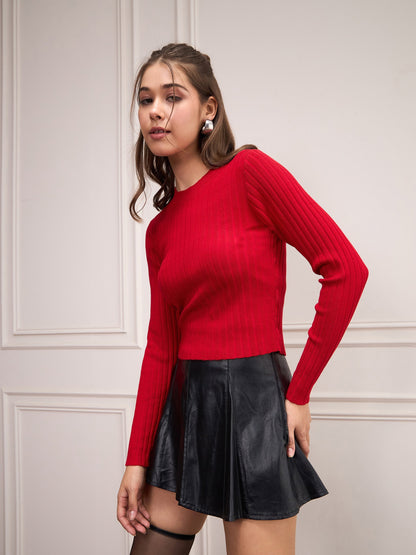 Women Red Rib Full Sleeves High Neck Sweater