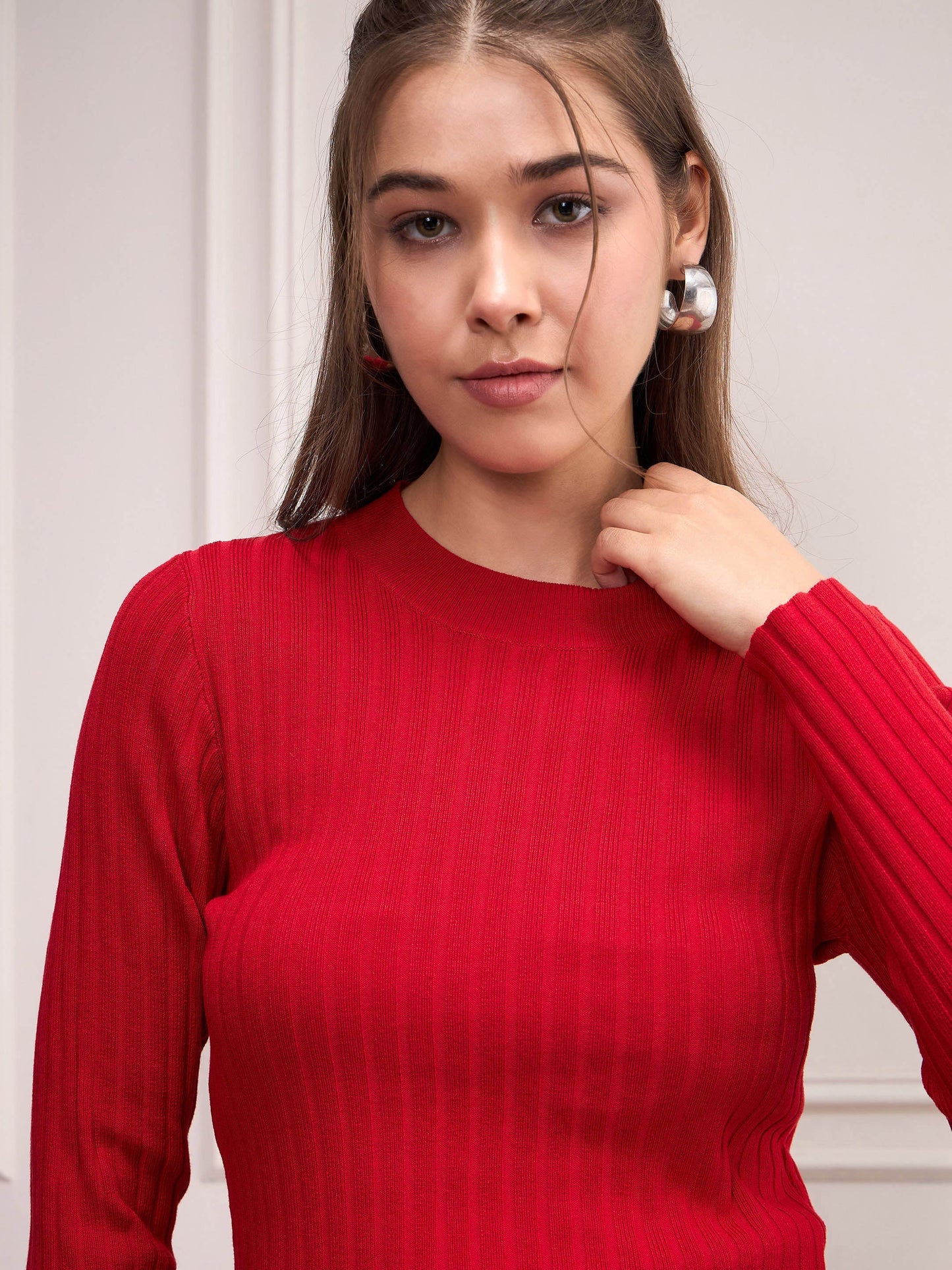 Women Red Rib Full Sleeves High Neck Sweater