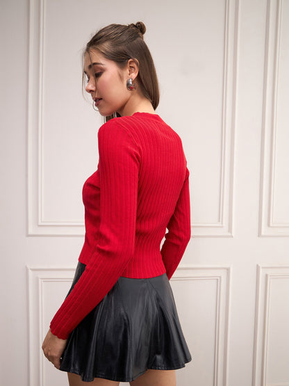 Women Red Rib Full Sleeves High Neck Sweater