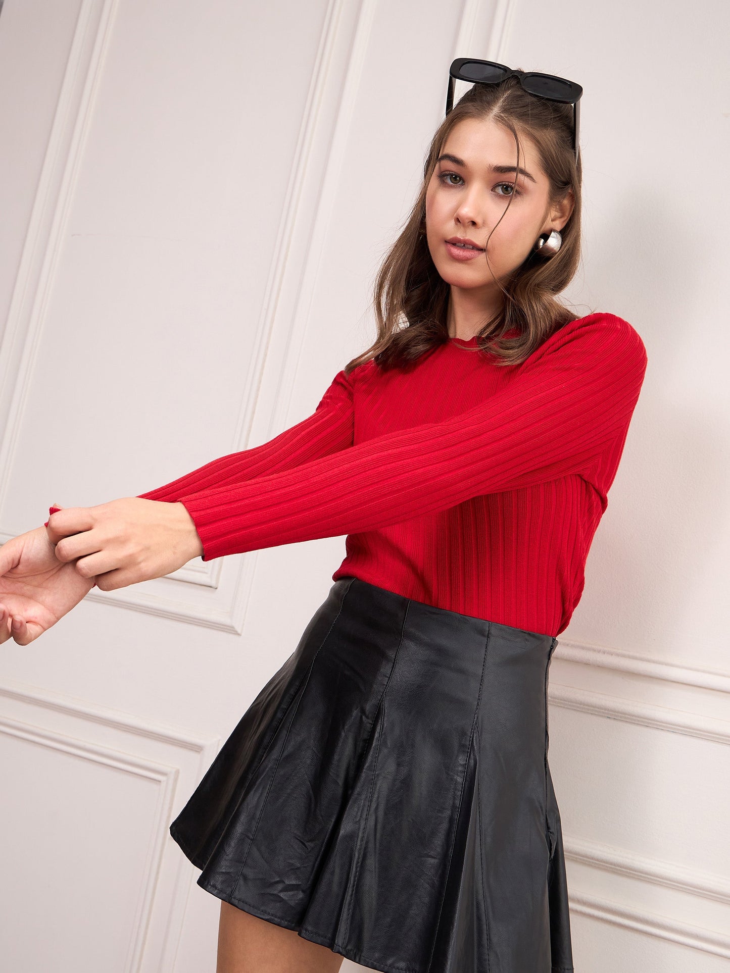 Women Red Rib Full Sleeves High Neck Sweater