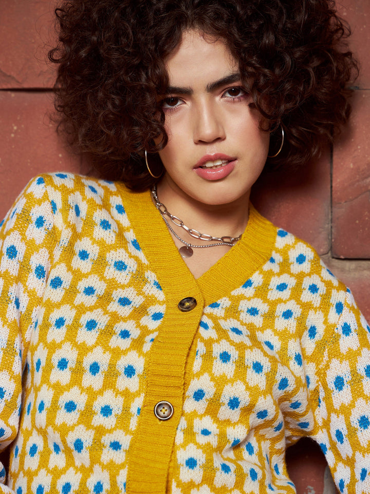 Women Mustard Floral Front Open Wool Cardigan