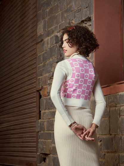 Pink Floral Round Neck Sleeveless Sweater