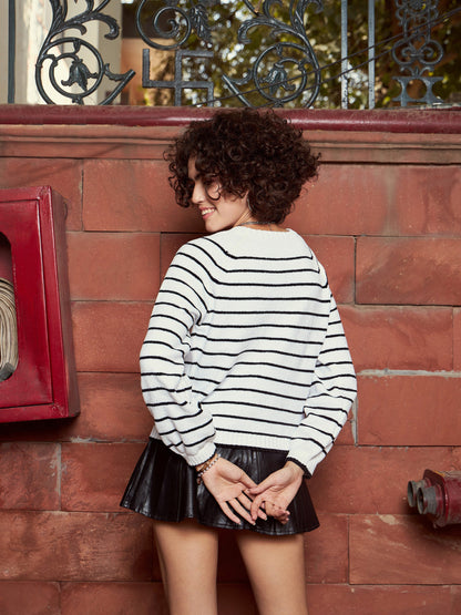 Black & White Striped Full Sleeves Sweater