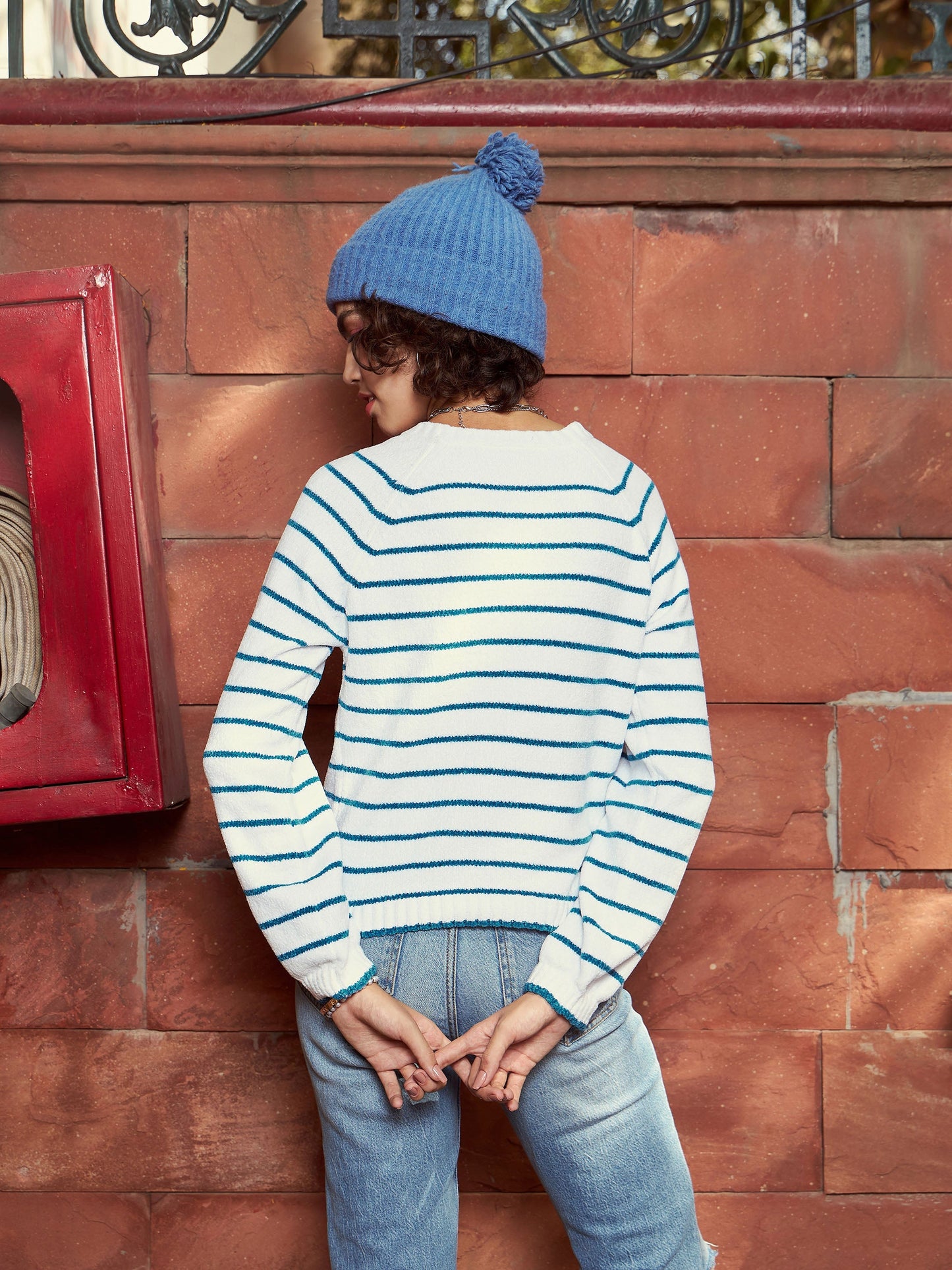 Blue & White Striped Full Sleeves Sweater