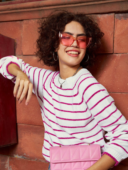 Pink & White Striped Full Sleeves Sweater