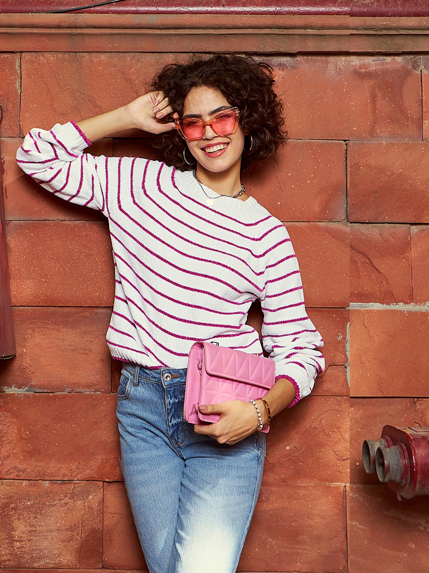 Pink & White Striped Full Sleeves Sweater