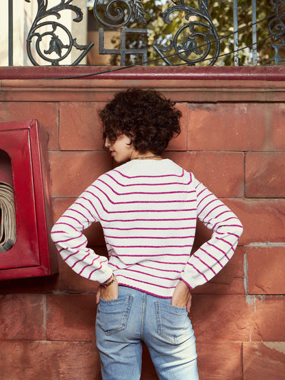 Pink & White Striped Full Sleeves Sweater
