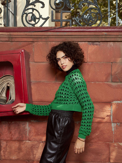 Green Crochet Crop Sweater Top