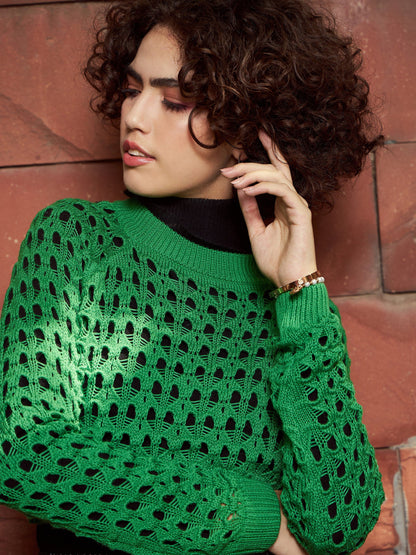 Green Crochet Crop Sweater Top