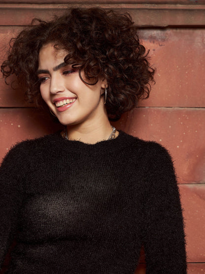 Black Round Neck Hairy Fur Pullover Sweater
