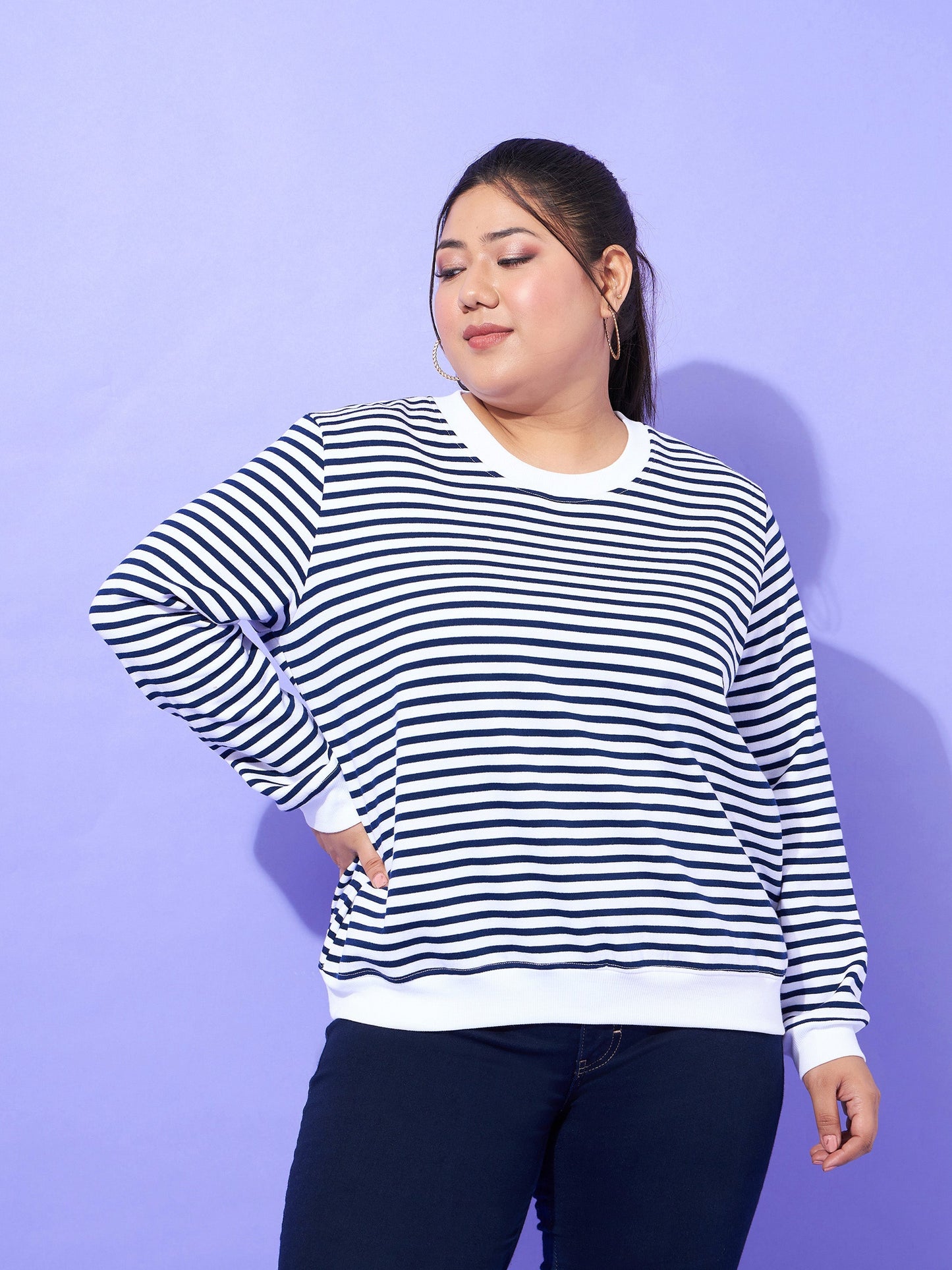 Navy & White Striped Full Sleeves Sweater