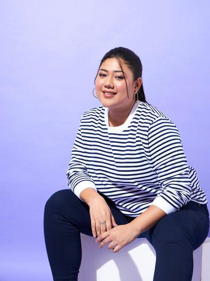 Navy & White Striped Full Sleeves Sweater