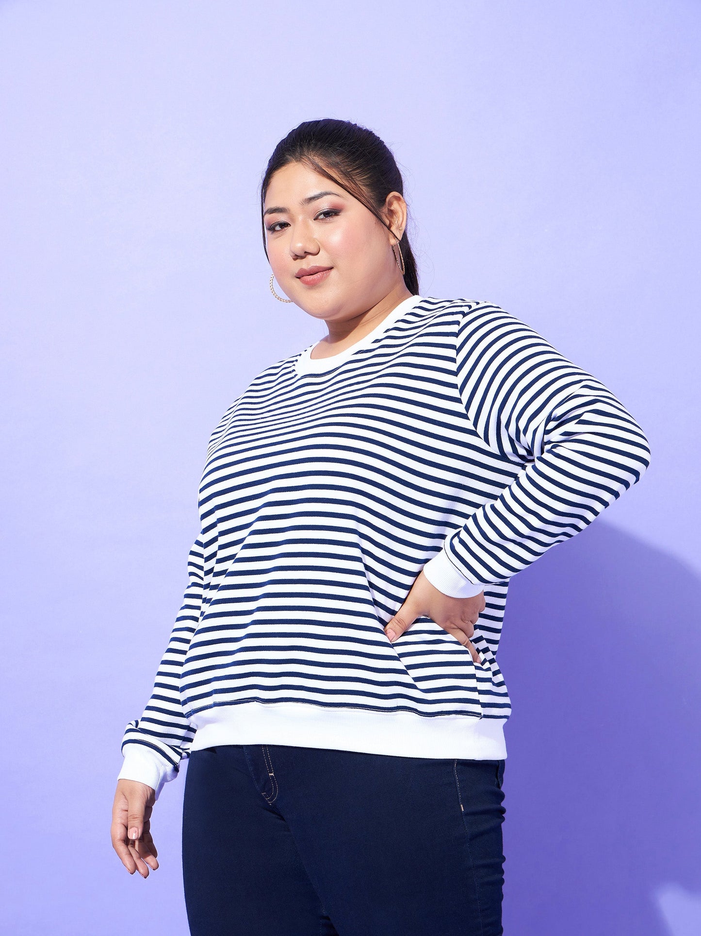 Navy & White Striped Full Sleeves Sweater