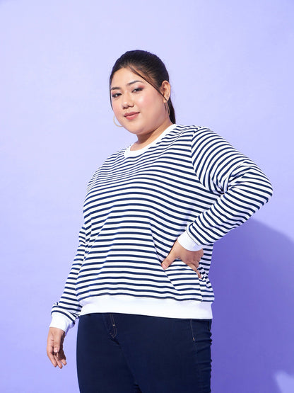 Navy & White Striped Full Sleeves Sweater