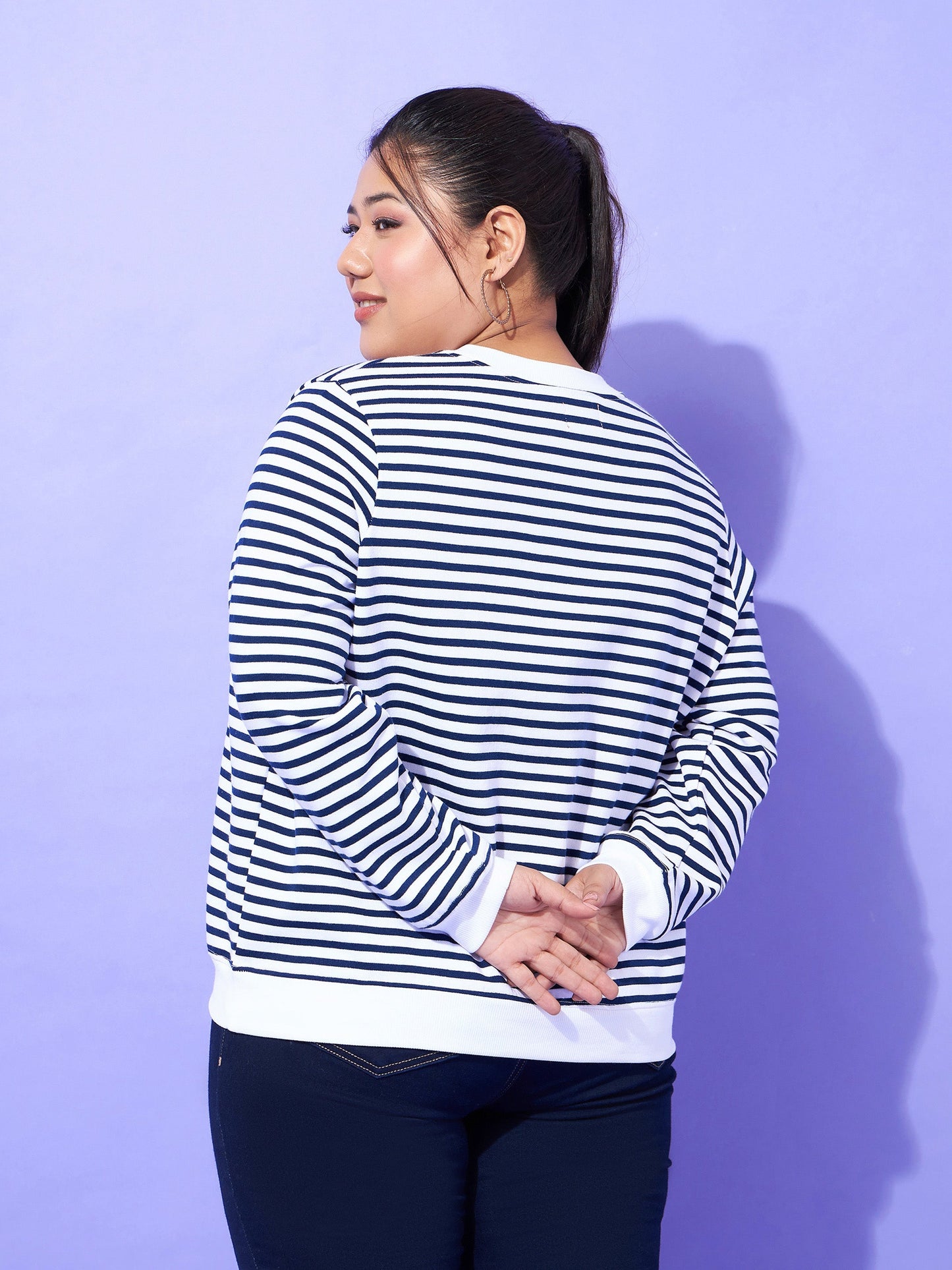 Navy & White Striped Full Sleeves Sweater