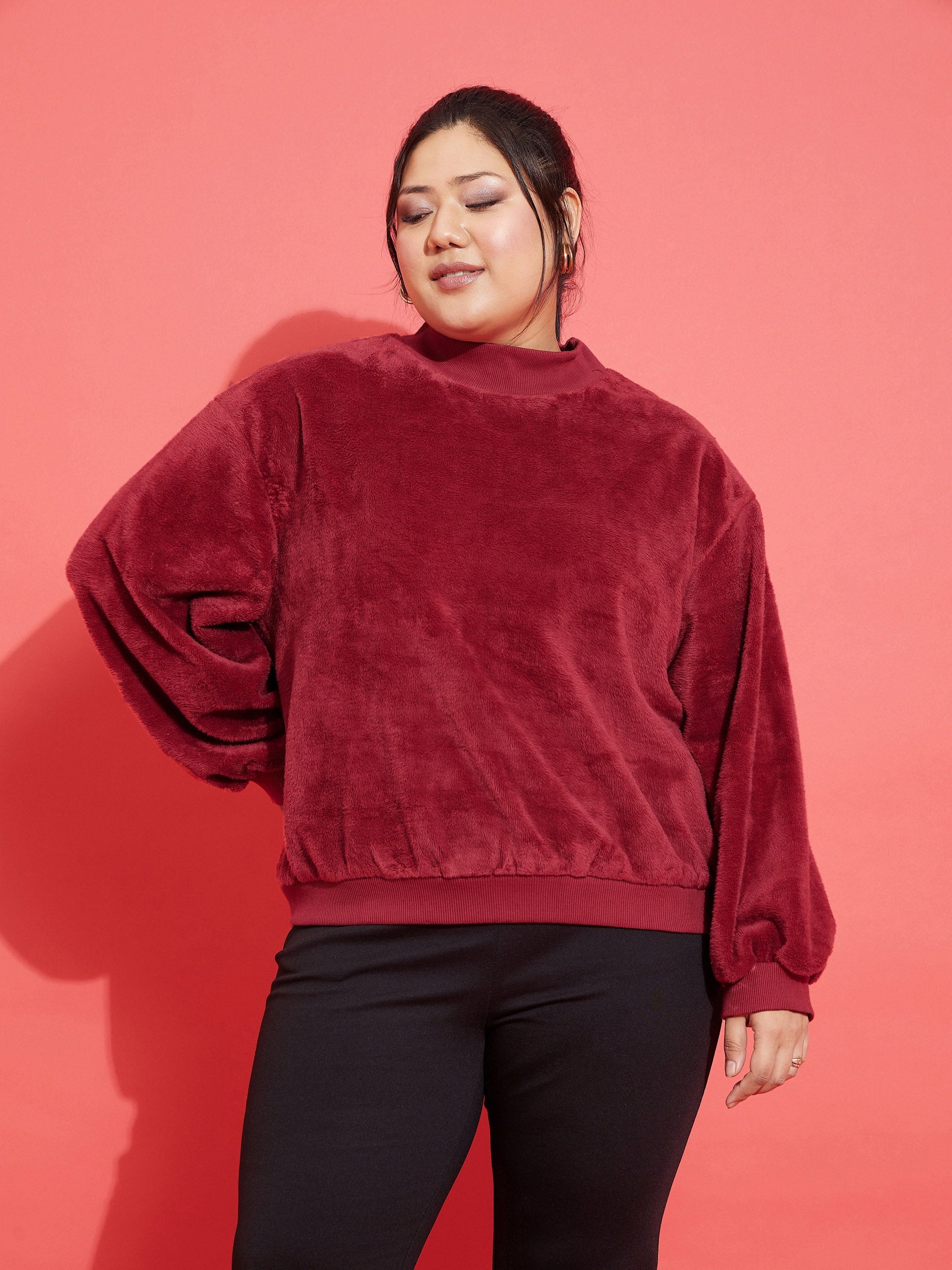 Plus size women's Maroon Polyester Maroon Fleece Fur High Neck Sweatshirt by Sassafras Curve for wholesale buyers, boutiques, resellers and bulk