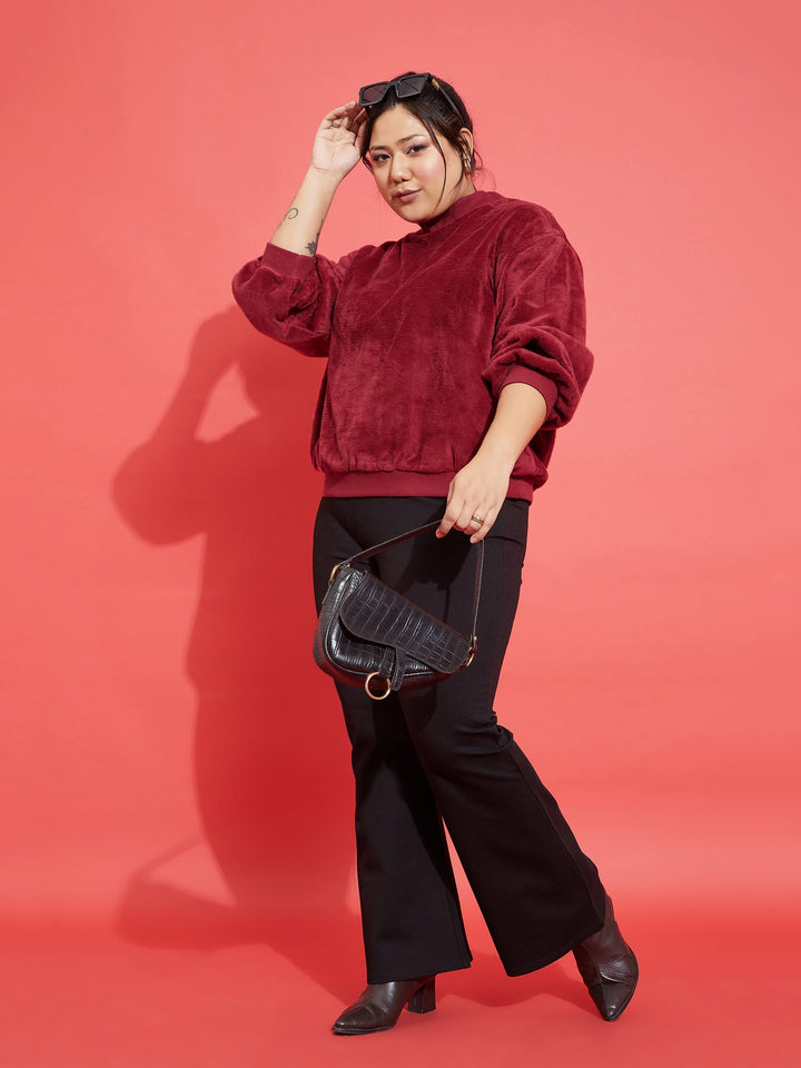Maroon Fleece Fur High Neck Sweatshirt-SASSAFRAS Curve