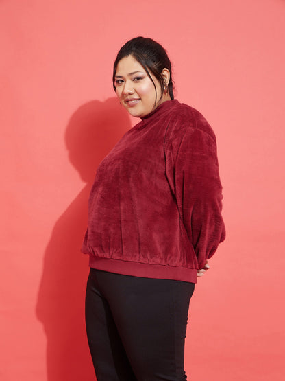 Maroon Fleece Fur High Neck Sweatshirt-SASSAFRAS Curve