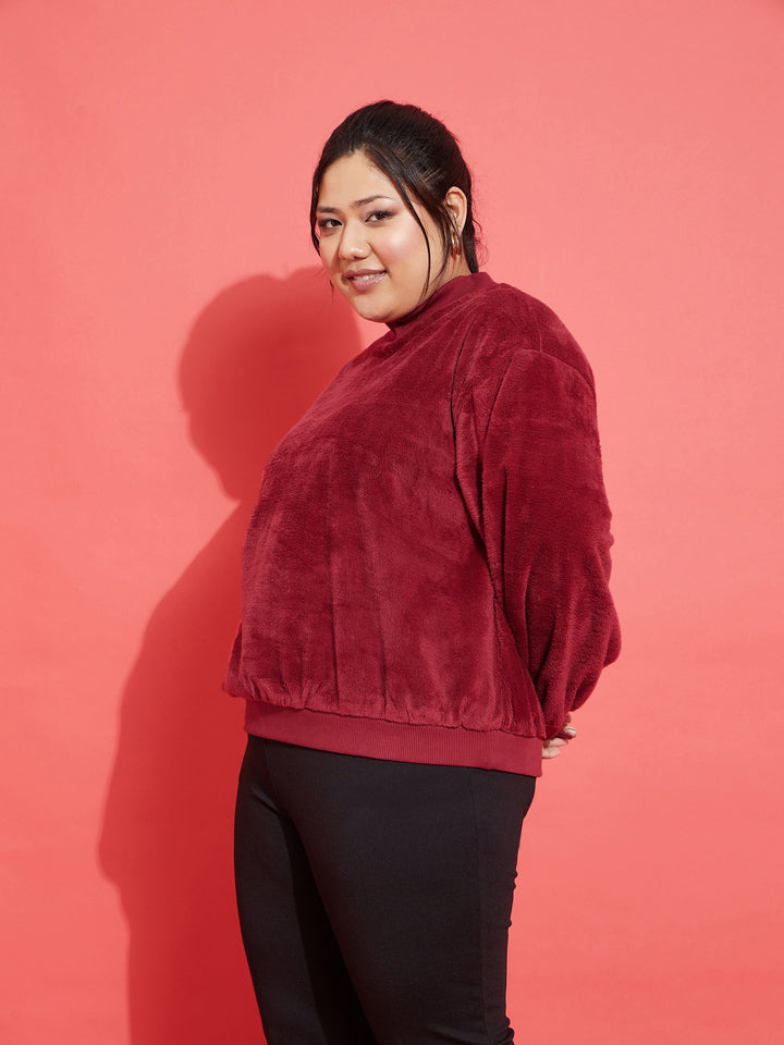 Maroon Fleece Fur High Neck Sweatshirt-SASSAFRAS Curve