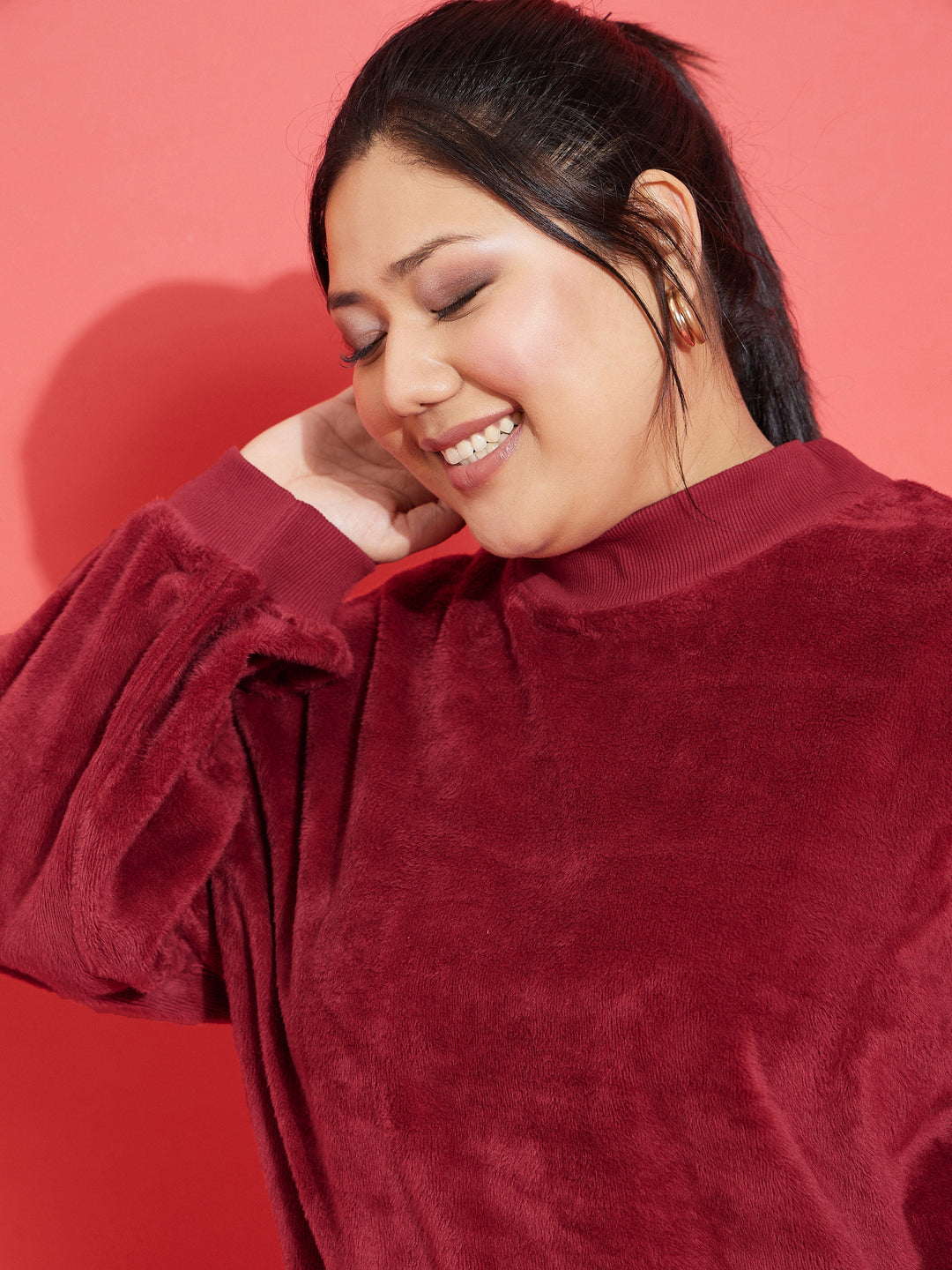 Maroon Fleece Fur High Neck Sweatshirt-SASSAFRAS Curve