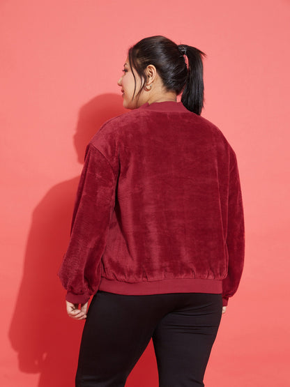 Maroon Fleece Fur High Neck Sweatshirt-SASSAFRAS Curve