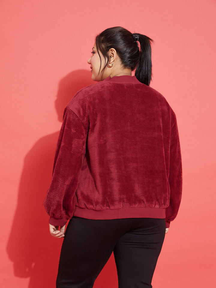 Maroon Fleece Fur High Neck Sweatshirt-SASSAFRAS Curve
