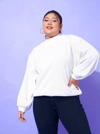 White Fleece Fur Pearl Detail Sweatshirt