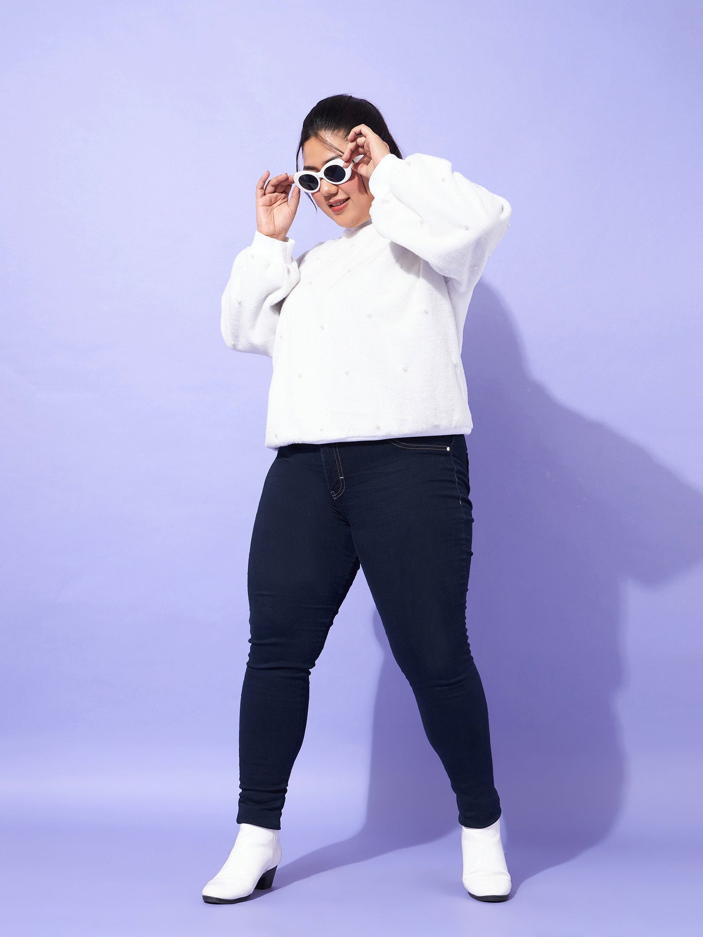 White Fleece Fur Pearl Detail Sweatshirt