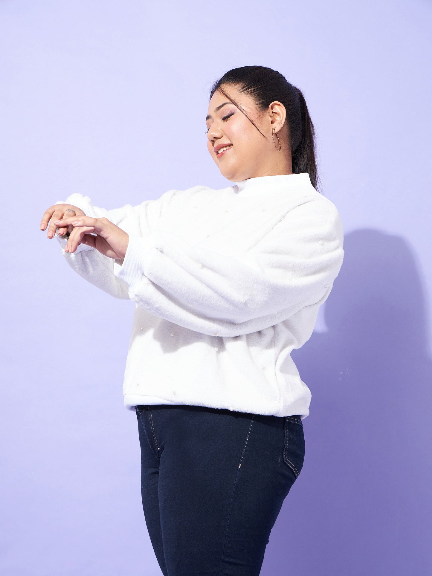 White Fleece Fur Pearl Detail Sweatshirt