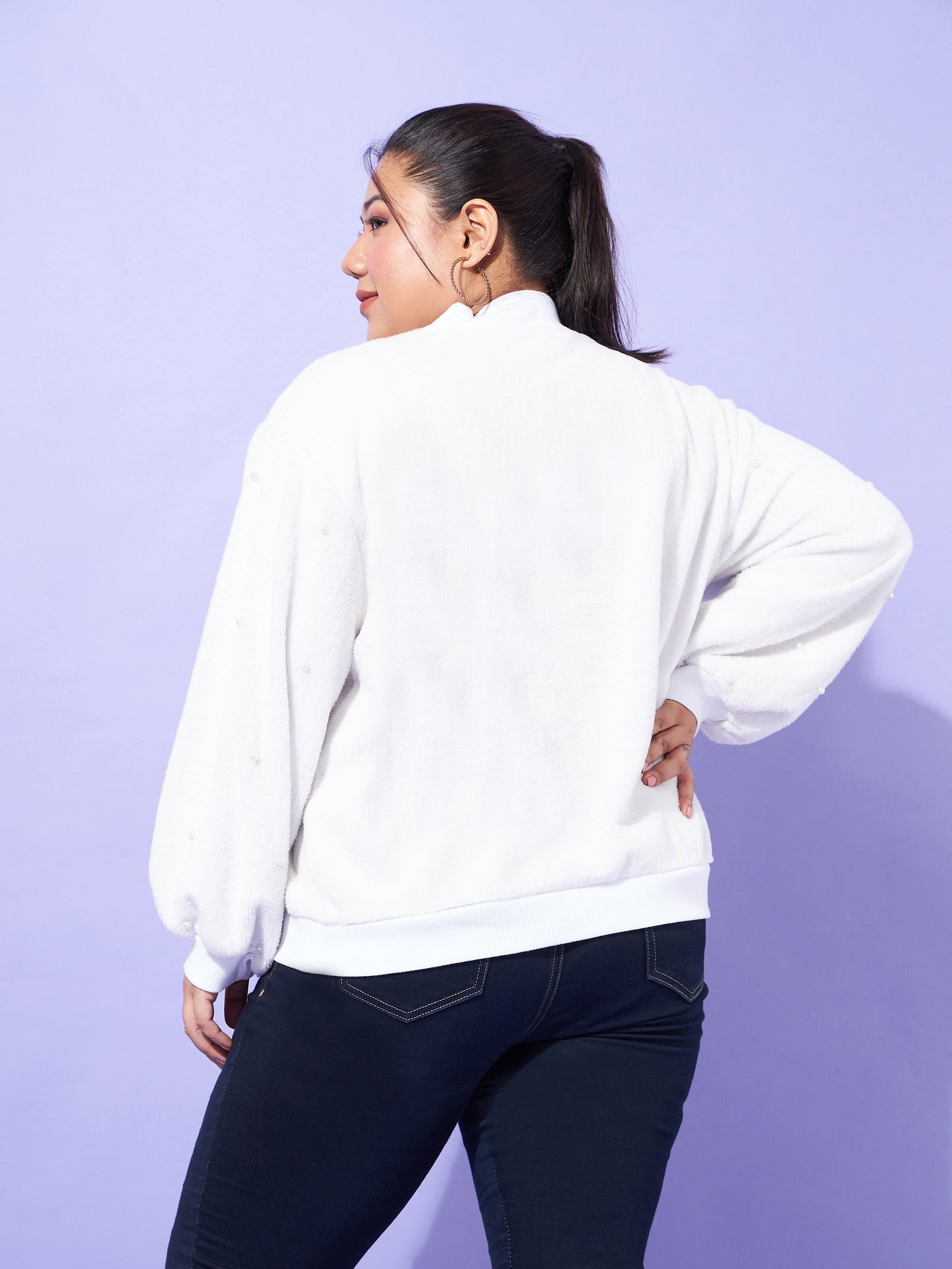 White Fleece Fur Pearl Detail Sweatshirt