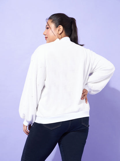 White Fleece Fur Pearl Detail Sweatshirt