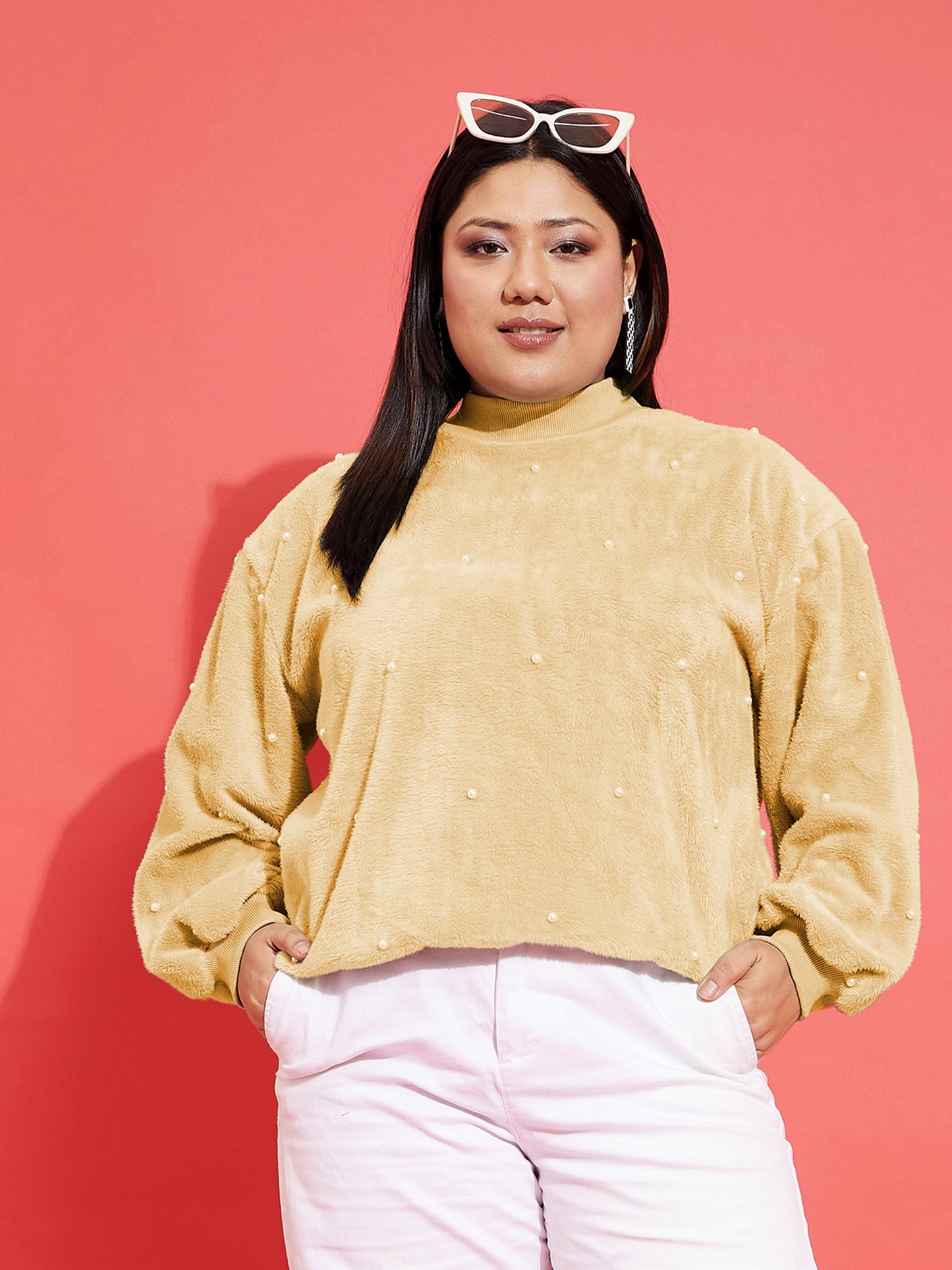 Brown Fleece Fur Pearl Detail Sweatshirt
