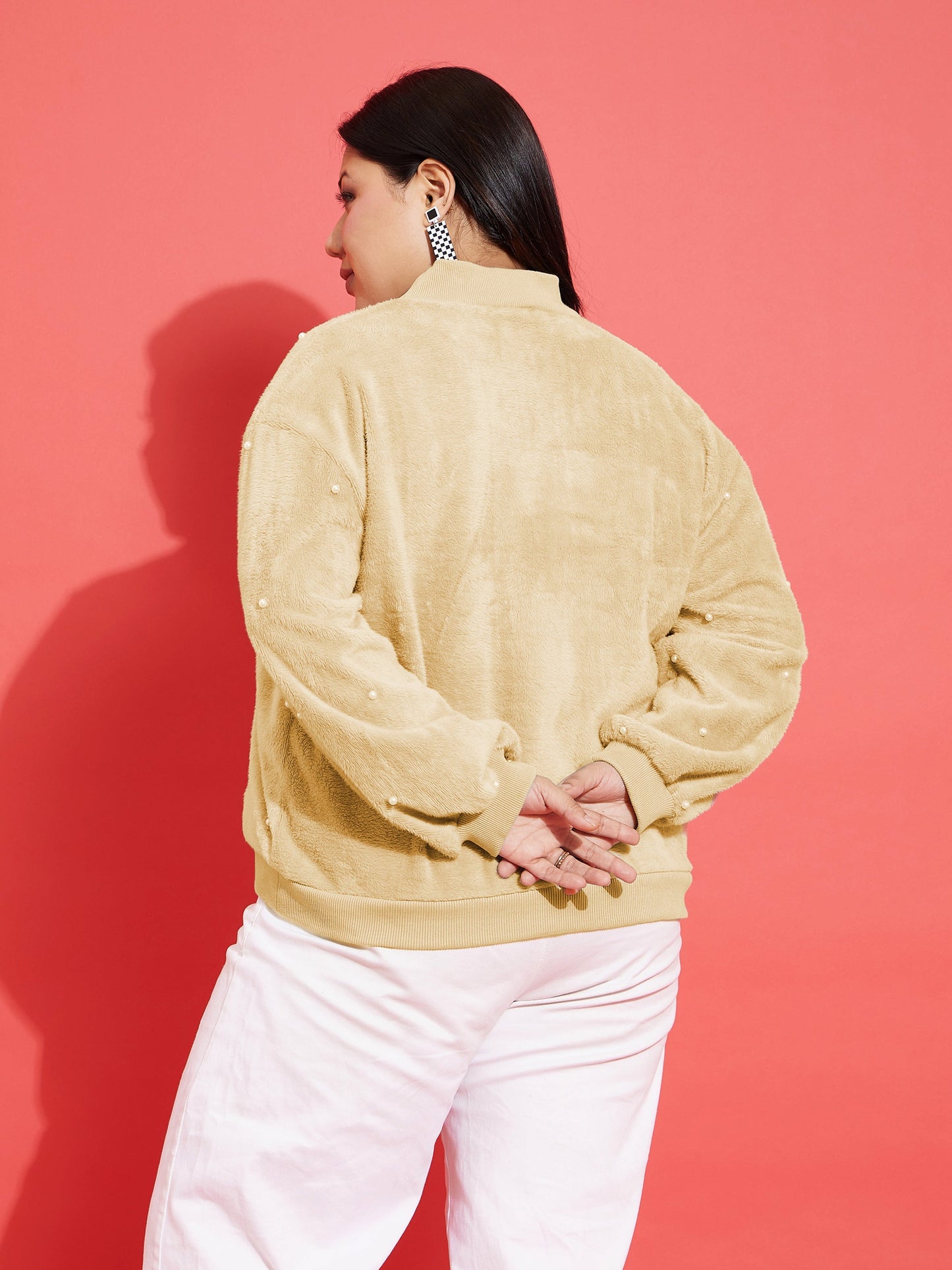 Brown Fleece Fur Pearl Detail Sweatshirt