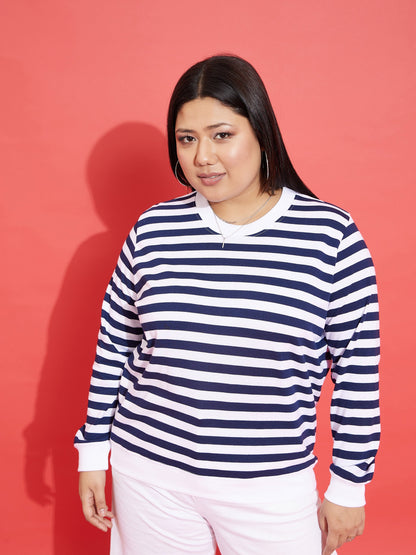 Navy & White Fleece Striped Sweatshirt